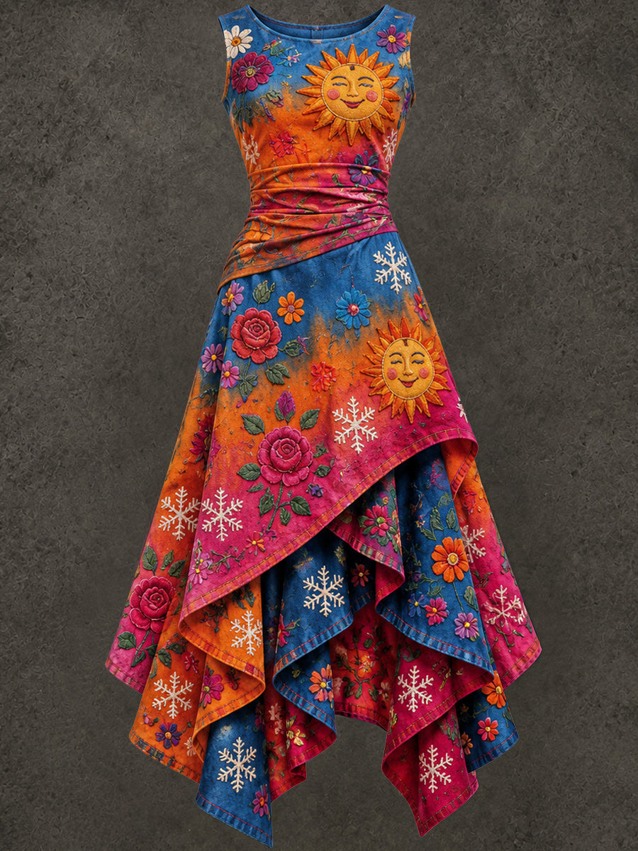 Retro Christmas Art Printed Vintage Sleeveless Irregularly Layered Stitched Midi Dress